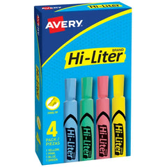 Avery(R) Hi-Liter(R) Desk-Style Highlighters, SmearSafe(R), Chisel Tip, 4 Assorted Color Highlighters (17752)
