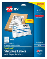 Avery® Shipping Labels w/ Paper Receipts, TrueBlock® Technology, Permanent Adhesive, 5-1/16" x 7-5/8", 25 Labels (8127)