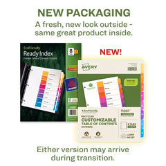 Avery® EcoFriendly Recycled Dividers, 8-Tab, Multicolor, Ready Index® Customizable Table of Contents, 3 Sets (11081)