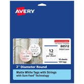 Avery® Round Tags with Sure Feed® Technology, 2" Diameter, Matte White, 120 Round Tags with Strings, Print-to-the-Edge, Laser/Inkjet Printable Tags (80512)