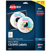 Avery® Printable CD Labels, Matte White, Permanent, Inkjet Printers, 40 Blank CD Labels & 80 Spine Labels (8692)