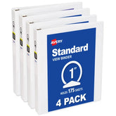 Avery® Standard View Binders, 1" Round Rings, 175-Sheet Capacity, 1.4-Inch Wide Spine, 4 White Binders (19200)