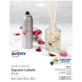 Avery® 2" x 2" Square Labels with Sure Feed, 120 Labels, Permanent Adhesive, Glossy Clear (22853)