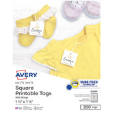 Avery® Square Tags with Sure Feed®, 1-1/2" x 1-1/2", White, 200 Printable Tags with Strings (22849)