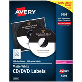 Avery® CD Labels, Matte White, Permanent Adhesive, Laser Printers, 100 CD Labels & 200 Spine Labels (5698)