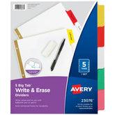 Avery® Big Tab™ Write & Erase Dividers, 5-Tab Set, Multicolor Divider Tabs, 1 Set of Binder Dividers (23076)