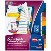 Avery® Ready Index® Plastic 10 Tab Binder Dividers, Customizable Table of Contents, Multicolor Tabs, 1 Set (11818)