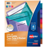 Avery® Big Tab™ Plastic 2 Pocket Insertable Tab Dividers, 8-Tab, Two-Tone Multicolor, Works With Sheet Protectors (11983)