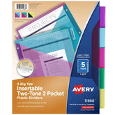 Avery® Big Tab™ Plastic 2 Pocket Insertable Tab Dividers, 5-Tab, Bright Two-Tone Multicolor, Works With Sheet Protectors (11988)