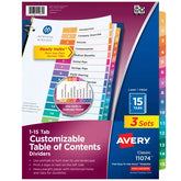 Avery® Ready Index® Dividers, 15 Tab Sets, Customizable Table of Contents, Multicolor Tabs, 3 Sets (11074)