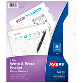 Avery® Durable Plastic 5-Tab Write & Erase Dividers, Slash Pocket, Translucent White, Works With Sheet Protectors (16825)