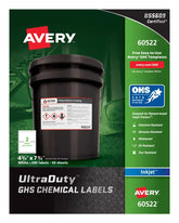 Avery® UltraDuty® GHS Chemical Labels for Pigment Inkjet Printers, Permanent Adhesive, Waterproof, UV Resistant, 4-3/4” x 7-3/4”, 100 Labels (60522)