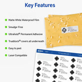 Avery® Waterproof Address Labels with Sure Feed® Technology, 1-1/3" x 4", White, Laser Compatible, 700 Total (5522)