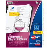 Avery® Ready Index® Dividers for 3 Ring Binders, 5 Tab Sets, Customizable Table of Contents, White Tabs, 6 Sets (11821)