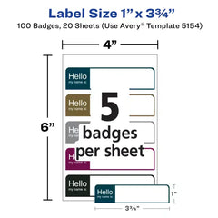 Avery® Flexible Adhesive Name Badge Labels, 1" x 3-3/4", Assorted, 100 Removable Name Badges (05154)