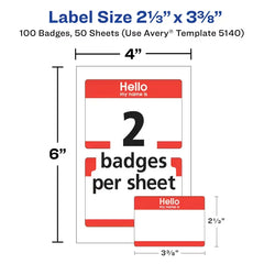 Avery® Hello My Name Is Adhesive Name Badge Labels, Red Border, 100 Removable Name Badges (05140)