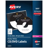 Avery® CD Labels, Matte White, Permanent Adhesive, Laser Printers, 250 CD Labels & 500 Spine Labels (5697)