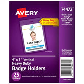 Avery® Heavy Duty Badge Holders, 4" x 3", 25 Vertical ID Badge Holders (74472)