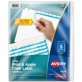 Avery® Print & Apply Clear Label Dividers, Index Maker® Easy Apply™ Printable Label Strip, 5 White Tabs (11416)