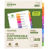 Avery® EcoFriendly Recycled Dividers, 10-Tab, Multicolor, Ready Index® Customizable Table of Contents, 3 Sets (11082)