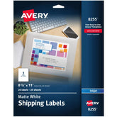 Avery® Shipping Labels, 8-1/2" x 11", Matte White, Inkjet Printer Compatible, 20 Labels (8255)