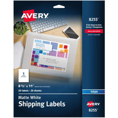Avery® Shipping Labels, 8-1/2" x 11", Matte White, Inkjet Printer Compatible, 20 Labels (8255)