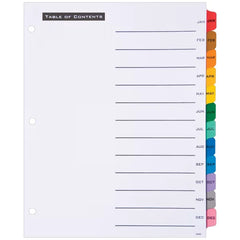 Office Essentials Table 'n Tabs Jan-Dec Dividers, 12-Tab Set, White Paper, Multicolored Tabs, 1 Binder Divider Set (11679)