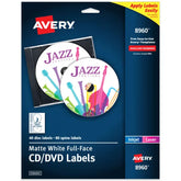 Avery® Full-Face CD Labels, Matte White, Permanent Adhesive, Laser & Inkjet, 40 CD Labels & 80 Spine Labels (8960)