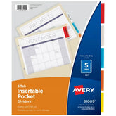 Avery® Insertable Tab Dividers with Pockets, 5-Tab, Manila Paper, Multicolor Tabs, Works With Sheet Protectors (81009)