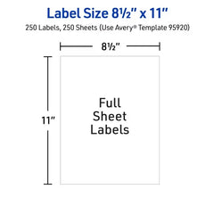 Avery® Full Sheet Shipping Labels, 8-1/2" x 11", White, 250 Blank Mailing Labels (95920)