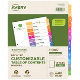 Avery® EcoFriendly Recycled Dividers, 12-Tab, Multicolor, Ready Index® Customizable Table of Contents, 3 Sets (11083)