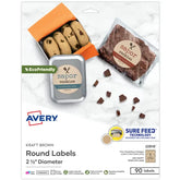 Avery® Kraft Brown Round Labels with Sure Feed® Technology, 2.5" Diameter, Laser/Inkjet, 90 Total (22818)