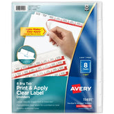 Avery® Big Tab™ Print & Apply Clear Label Dividers, Index Maker® Easy Apply™ Printable Label Strip, 8 White Tabs (11491)