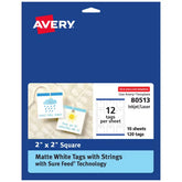 Avery® Square Tags with Sure Feed® Technology, 2" x 2", Matte White, 120 Square Tags with Strings, Print-to-the-Edge, Laser/Inkjet Printable Tags (80513)