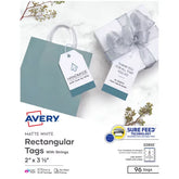 Avery® Rectangular Tags with Sure Feed®, 2" x 3-1/2", White, 96 Printable Tags with String (22802)