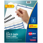 Avery® Print & Apply Clear Label Unpunched Dividers, Index Maker® Easy Apply™ Printable Label Strip, 3 White Tabs, 25 Sets (11442)