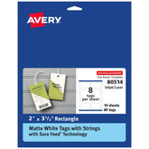 Avery® Rectangle Tags with Sure Feed® Technology, 2" x 3-1/2", Matte White, 80 Tags with Strings, Print-to-the-Edge, Laser/Inkjet Printable Tags (80514)