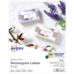 Avery® Glossy White Labels with Sure Feed® Technology, 2" x 3" Rectangle Labels, Print to the Edge, Laser/Inkjet, 80 Labels (22890)