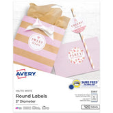 Avery® Round Labels, 2" Diameter, Sure Feed™ Technology, Print-to-the-Edge, Easy Peel®, Laser/Inkjet, Permanent, 120 Blank Circle Labels Total (22612)
