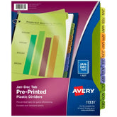 Avery® Preprinted Plastic Dividers, 12-Tab Set, Jan.-Dec., Multicolor (11331)
