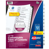 Avery® Ready Index® Dividers for 3 Ring Binders, 12 Tab Sets, Customizable Table of Contents, White Tabs, 3 Sets (11078)