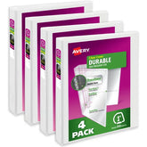 Avery® Durable View Binder, 1" Slant Rings, 220-Sheet Capacity, DuraHinge™, White, 4 Binders (17575)