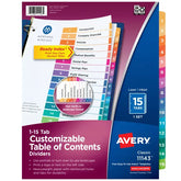 Avery® Ready Index® Dividers, 15 Tab Sets, Customizable Table of Contents, Multicolor Tabs (11143)