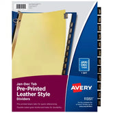 Avery® Jan-Dec Dividers for 3 Ring Binders, 12-Tab Set, Pre-Printed Black Leather Tabs, 1 Binder Divider Set (11351)