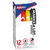 Avery® Marks A Lot® Permanent Markers, Large Desk-Style Size, Chisel Tip, 12 Assorted Markers (24800)