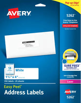 Avery® Easy Peel® Address Labels, Sure Feed™ Technology, Permanent Adhesive, 1-1/3" x 4", 350 Labels (5262)