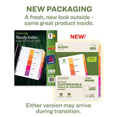 Avery® EcoFriendly Recycled Dividers, 5-Tab, Multicolor, Ready Index® Customizable Table of Contents, 3 Sets (11080)