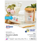 Avery® Waterproof Square Labels with Sure Feed®, 2" x 2", White, Laser & Pigment-Inkjet Compatible, 96 Total (64510)