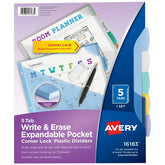 Avery® Durable Plastic 5-Tab Corner Lock Write & Erase Dividers, Pocket, Works With Sheet Protectors, Multicolor (16183)