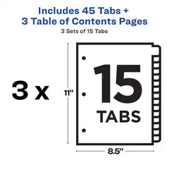 Avery® Ready Index® Dividers for 3 Ring Binders, 15 Tab Sets, Customizable Table of Contents, White Tabs, 3 Sets (11079)